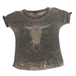 Rock & Roll Cowgirl Cow Skull Burn Out Rhinestone Shirt